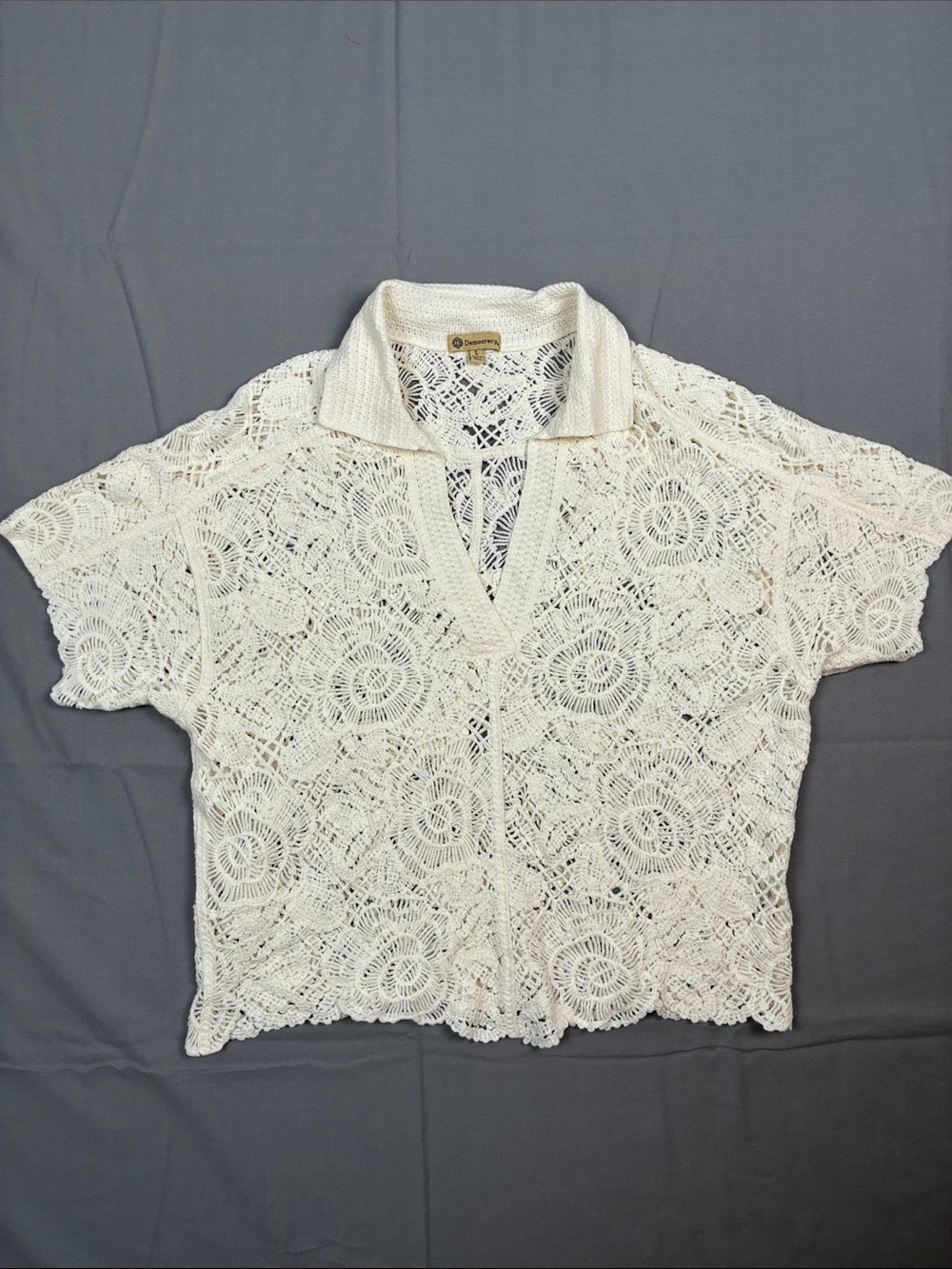 Democracy Large Y2K Boho Crochet Lace White Shirt Collar Coastal Chic Floral
